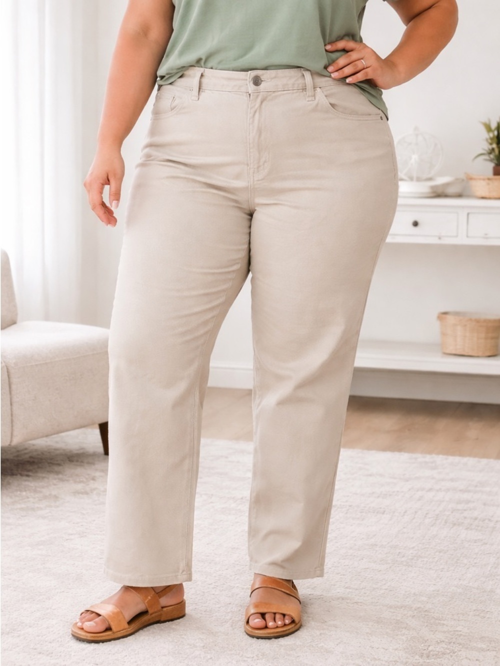 Cato Woman 22W Khaki Straight Leg Pants Stretch Denim Beige Casual Classic